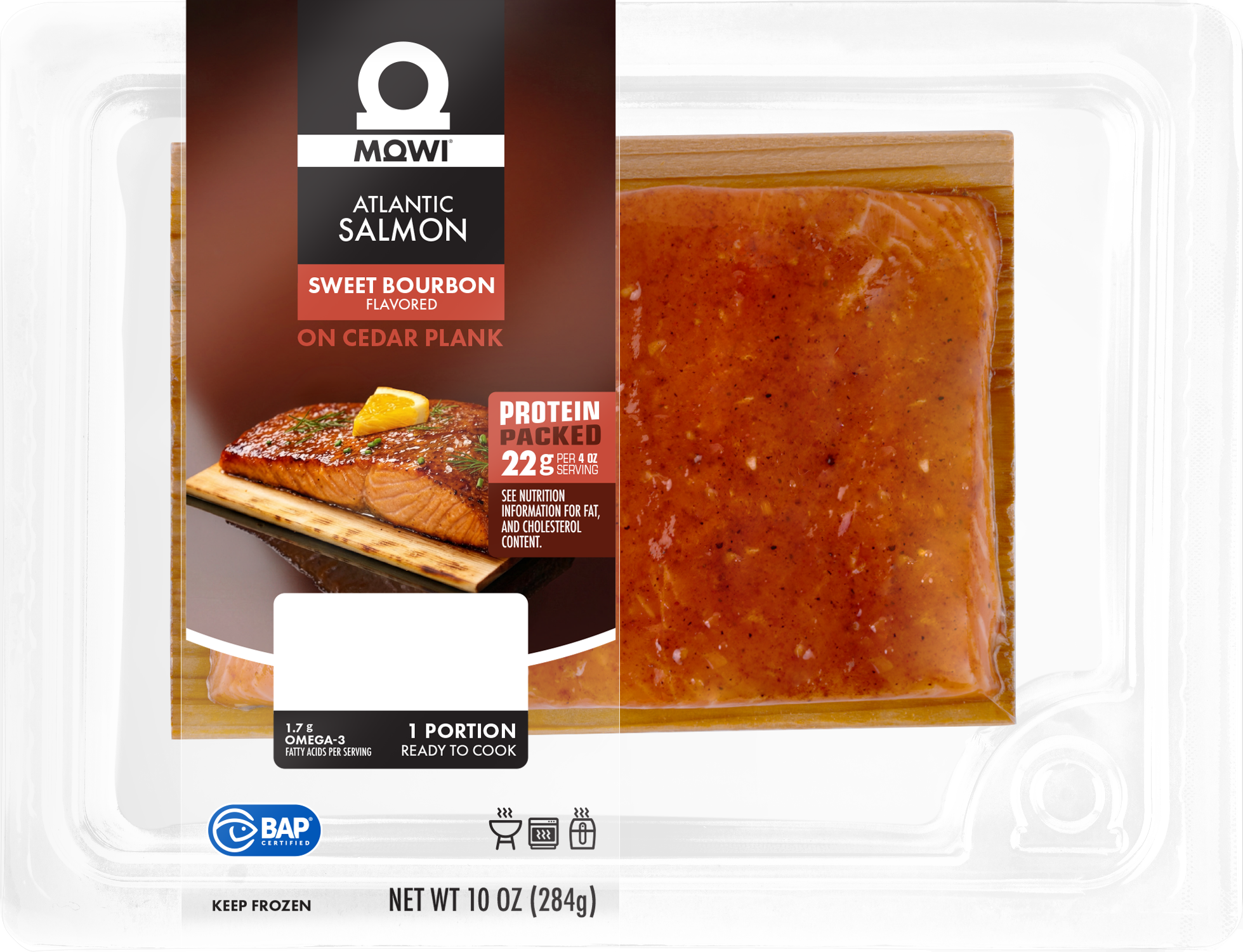 MOWI Sweet Bourbon Flavored Atlantic Salmon Portion on a Plank 10oz